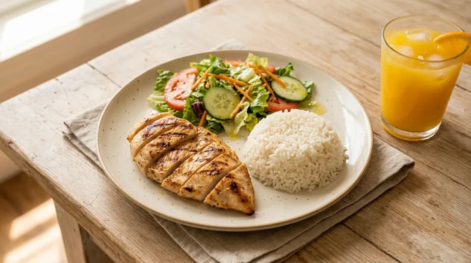 Plato casero con pollo a la plancha, arroz blanco, ensalada fresca y un vaso de jugo de naranja