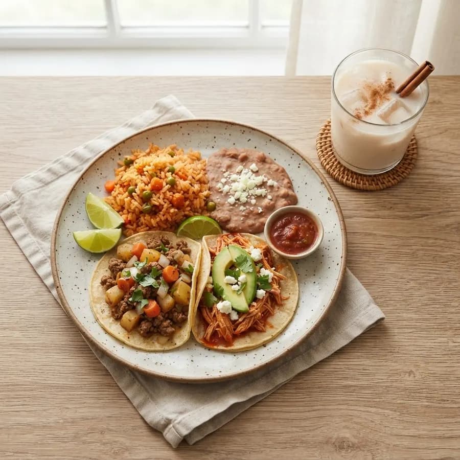 Plato casero con dos tacos de guisado, arroz rojo, frijoles y un vaso de horchata